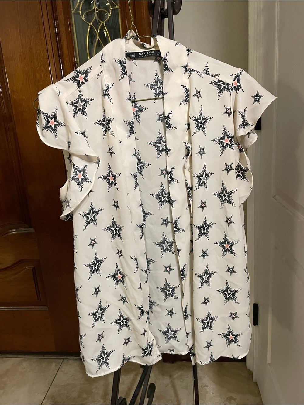 Zara White Star Blouse Short Sleeve Top Tunic Romantic Button Down Shirt S